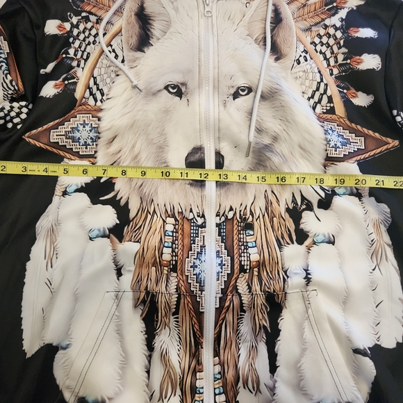 Men's Graphic Zip Up Hoodie White Wolf Feather Dreamcatcher Print XL - Picture 7 of 7